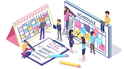 Teamwork! Illustration: Viele Menschen vor überlebensgroßen Kalendern und Notizzetteln planen und arbeiten