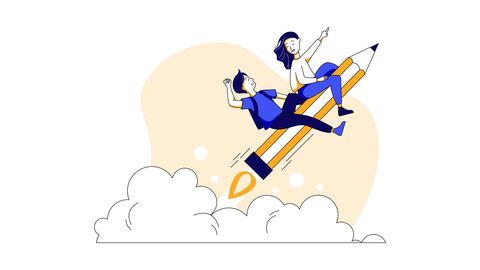 Auf Wissen fliegen Illustration: Zwei Kinder mit Schulrucksack sitzen auf eine überlebensgroßen Stift, der wie eine Rakete fliegt