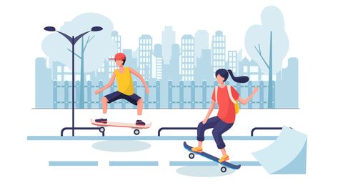 Skaten in der Stadt Illustration: Zwei junge Menschen fahren auf Skateboards durch eine Großstadt