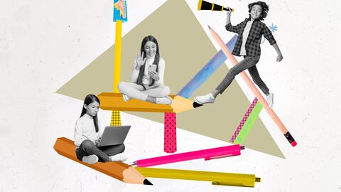Bist du fit im Internet? Collage: drei Kinder in schwarzweiß mit Handy und Laptop stehen und sitzen auf bunten Farbflächen und vergrößerten Stiften.