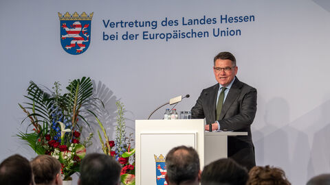 Ministerpräsident Boris Rhein beim Jahresempfang 2023 der Vertretung des Landes Hessen bei der Europäischen Union