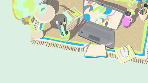 Gemütlich lernen Illustration: Laptop und Stifte auf dem Boden